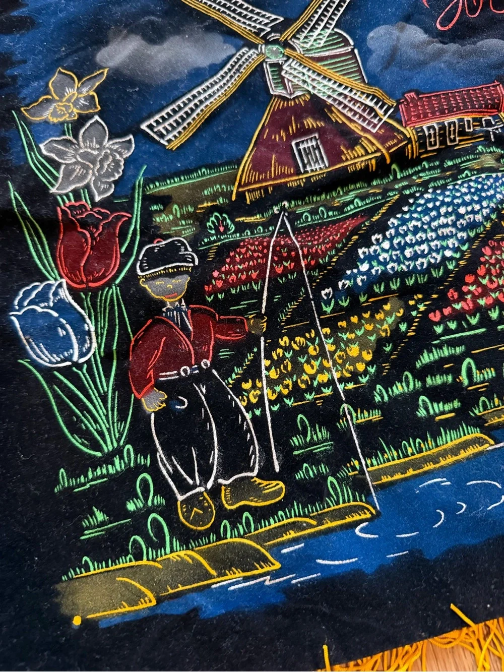 Holland Netherlands Souvenir Velvet Textile Windmill Tulips Dutch Fringe Decor